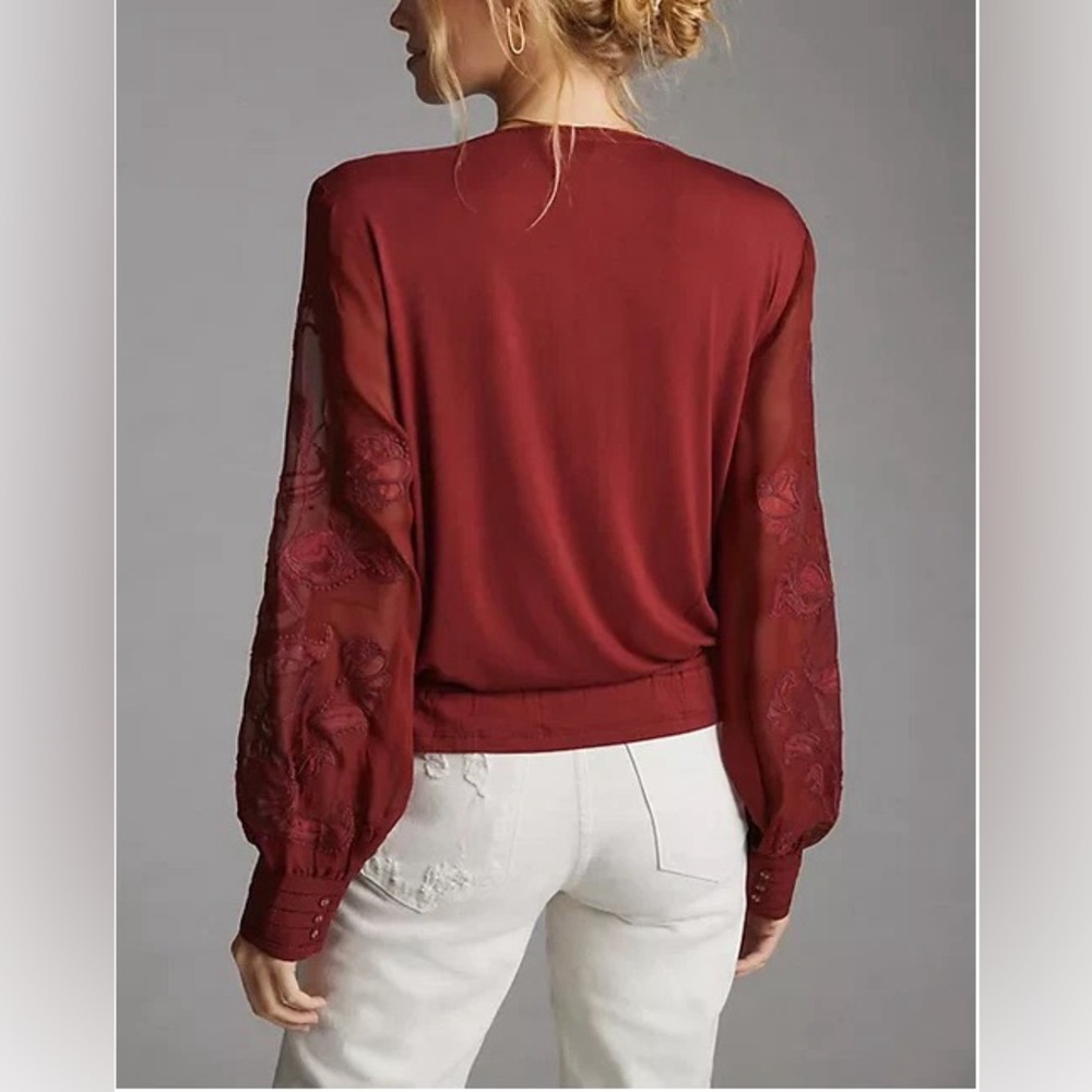 Anthropologie Burgundy Embroidered Sheer Long-Sleeve Blouse - Picture 5 of 7